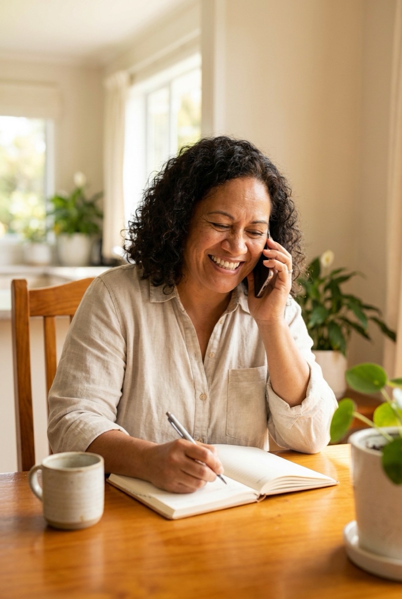 A woman smiling on the phone while writing an appointment in her diary