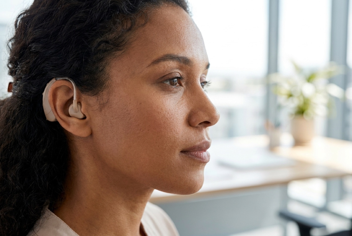Close-up of a discreet behind-the-ear hearing aid worn by a young woman