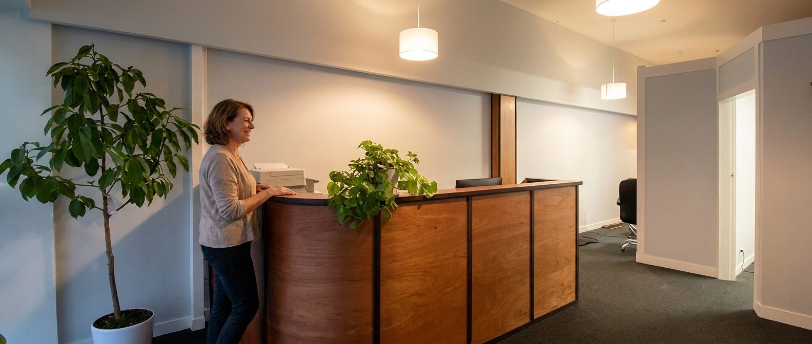 A patient checking in at the timber reception desk at Levin Audiology