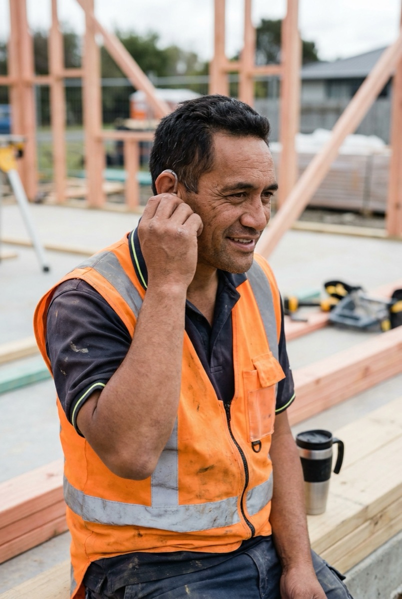 A tradesman in a hi-vis vest adjusting his hearing aid on a building site